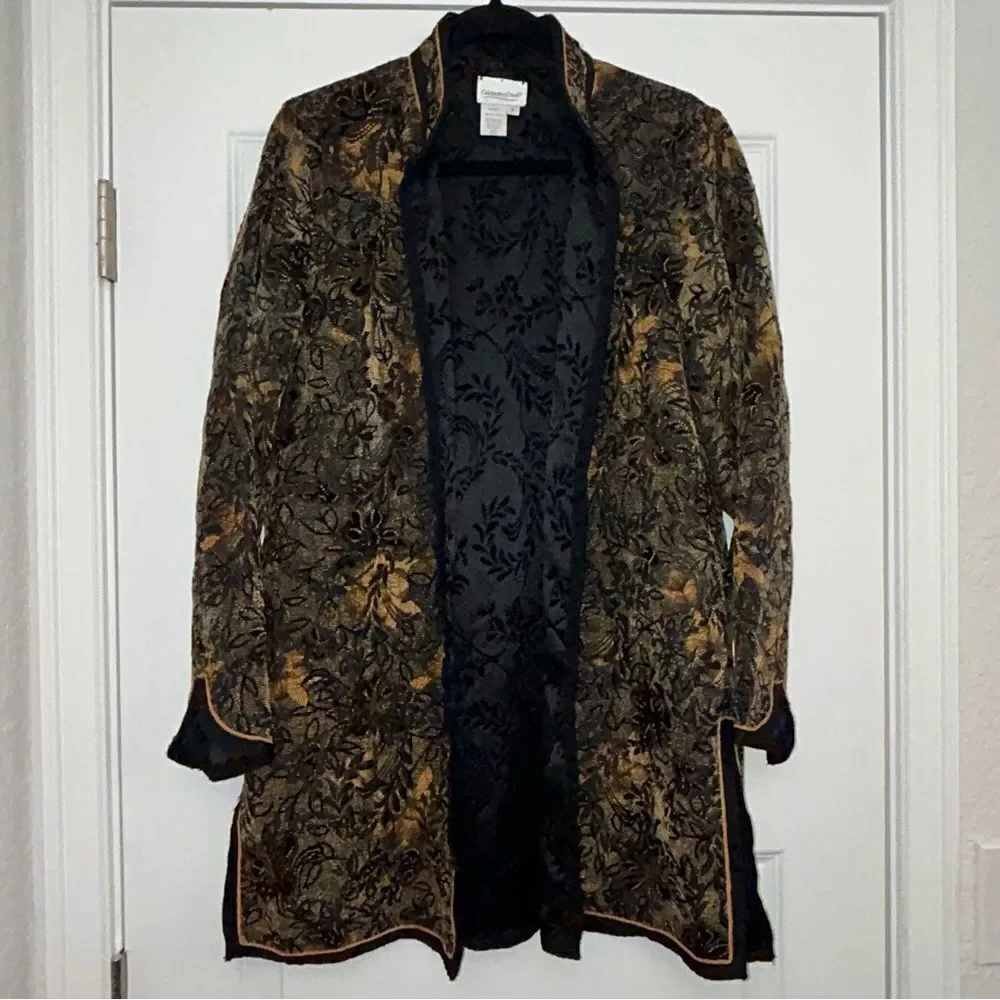 Vintage Coldwater Creek Open Front Jacquard Tapestry Long Sleeve Jacket Coat